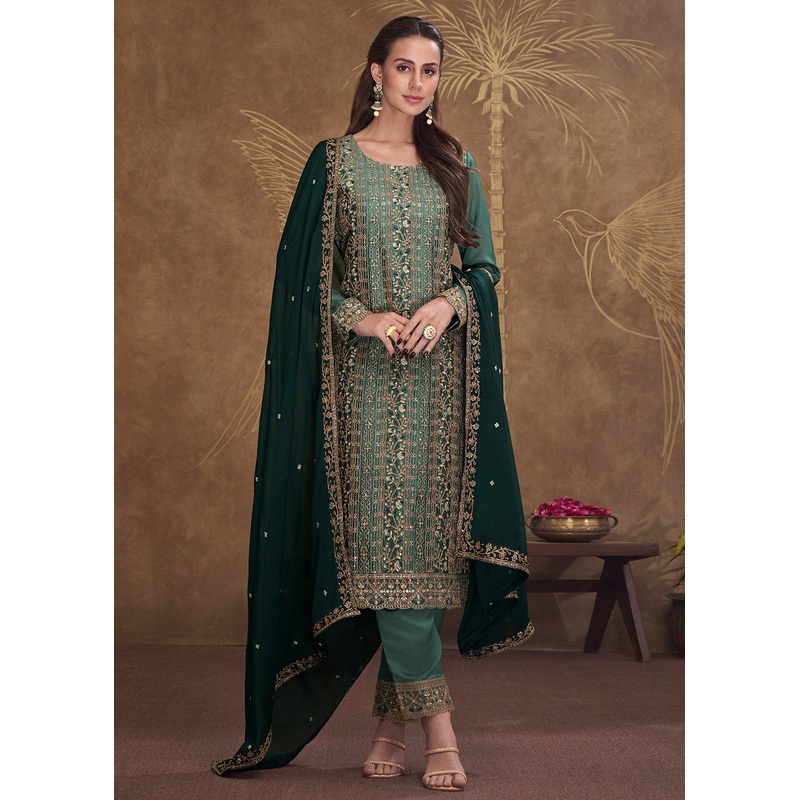 Dreamy Dark Green Embroidered Art Silk Festive Pant Style Suit