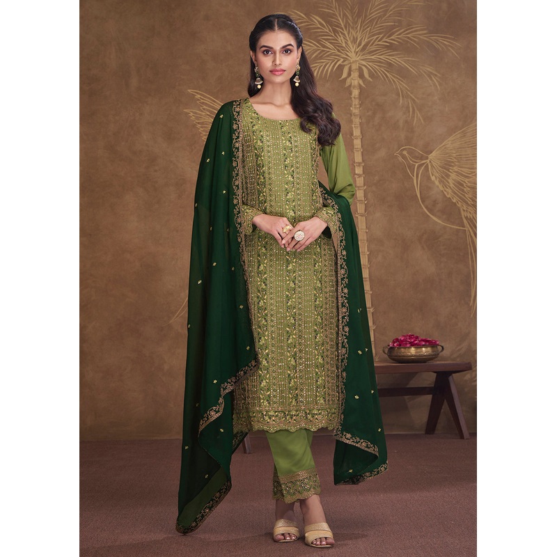 Dreamy Green Embroidered Art Silk Festive Pant Style Suit