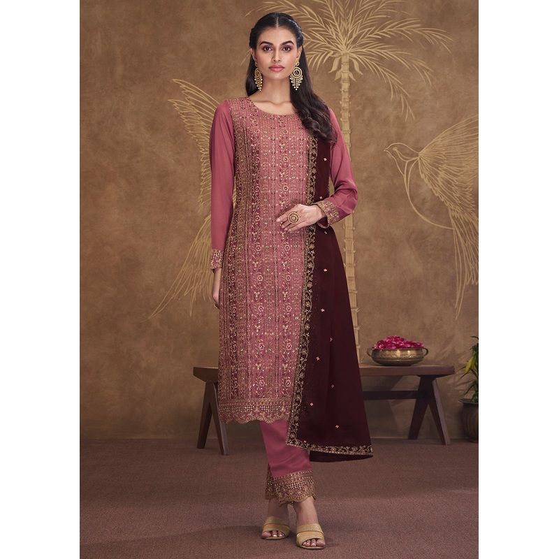 Dreamy Pink Embroidered Art Silk Festive Pant Style Suit