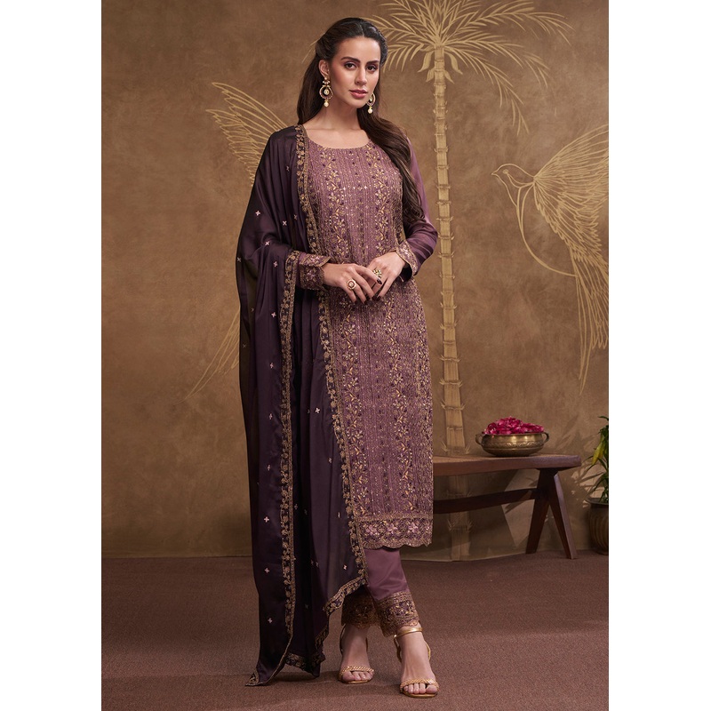 Dreamy Purple Embroidered Art Silk Festive Pant Style Suit