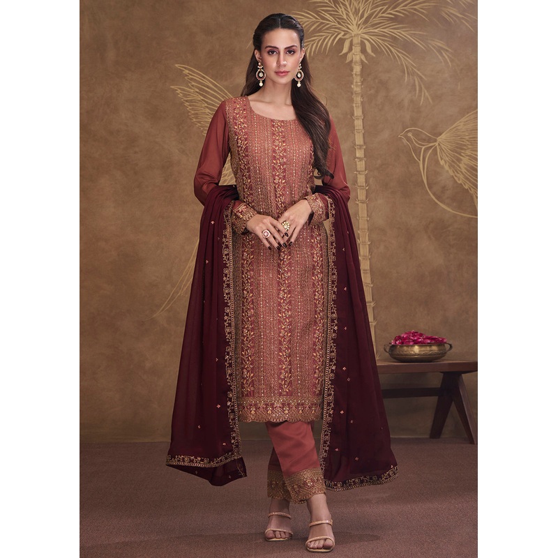 Dreamy Red Embroidered Art Silk Festive Pant Style Suit
