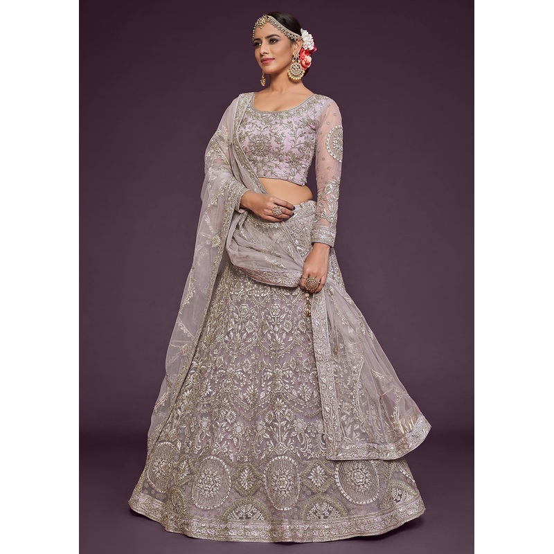 Dusky Mauve Embroidered Soft Net Wedding Lehenga Choli