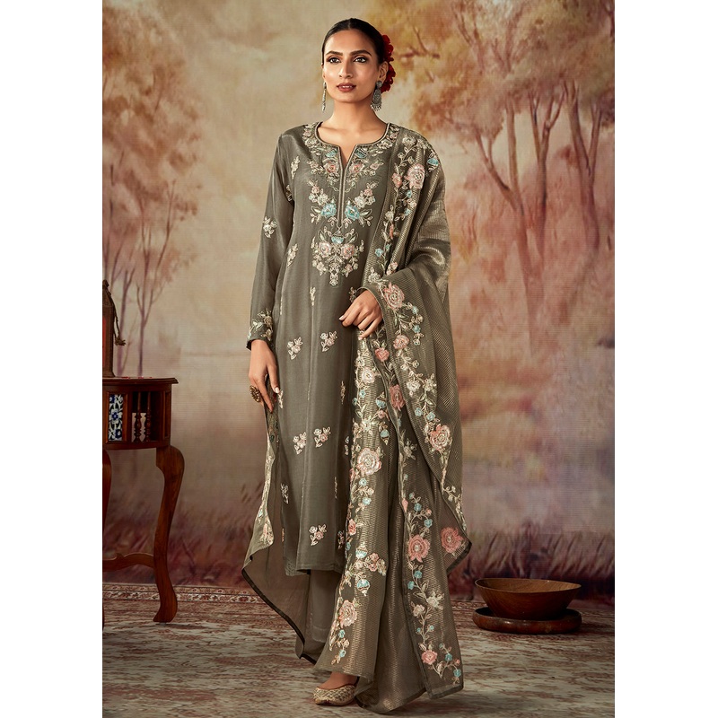 Dusty Grey Russian Silk Embroidered Pant Style Salwar Kurta