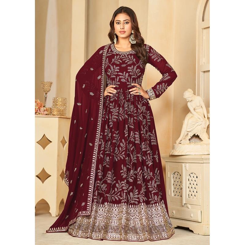Embroidered Lovely Maroon Georgette Wedding Anarkali Suit