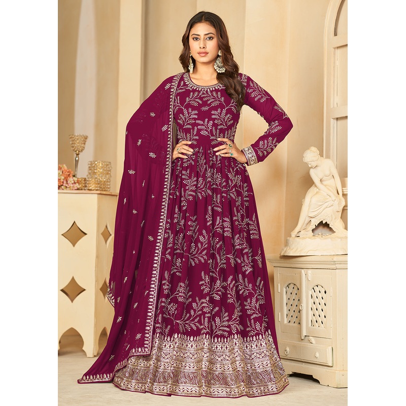 Embroidered Lovely Wine Georgette Wedding Anarkali Suit