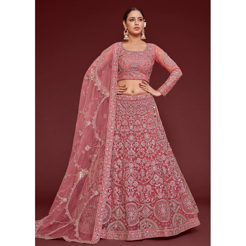 Fantacy Pink Embroidered Soft Net Wedding Lehenga Choli