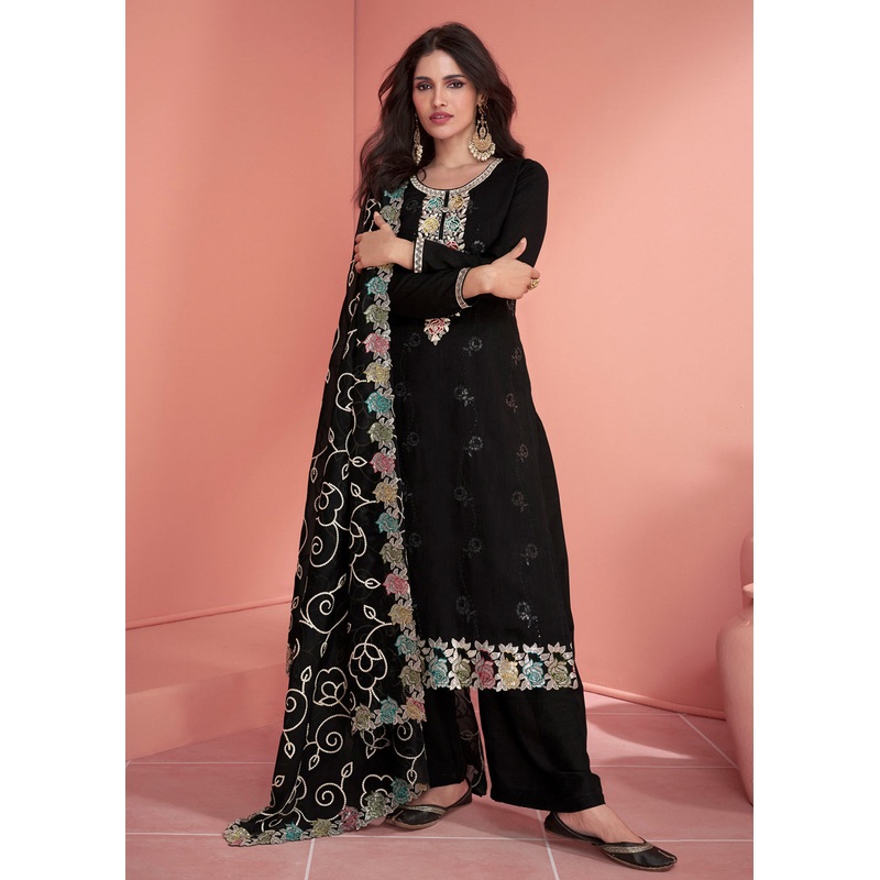 Festive Black Embroidered Premium Silk Palazzo Suit