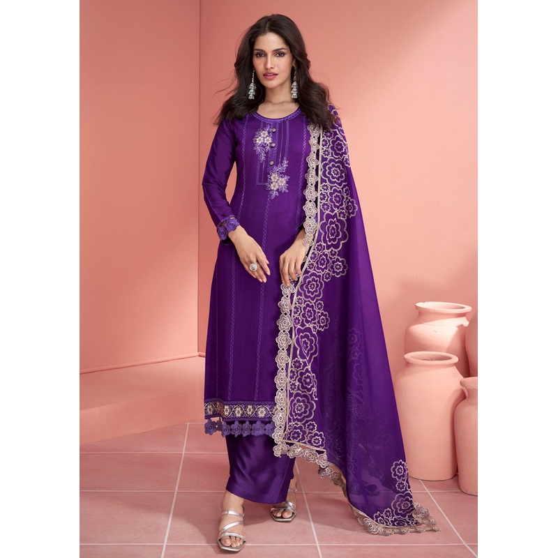 Festive Purple Embroidered Premium Silk Palazzo Suit