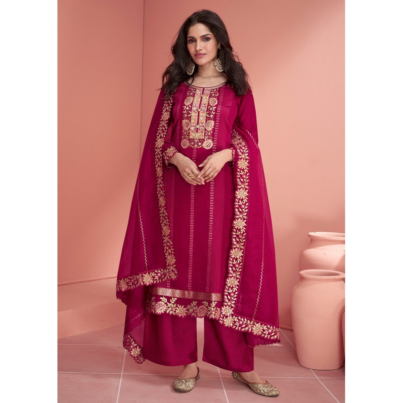 Festive Rani Pink Embroidered Premium Silk Palazzo Suit