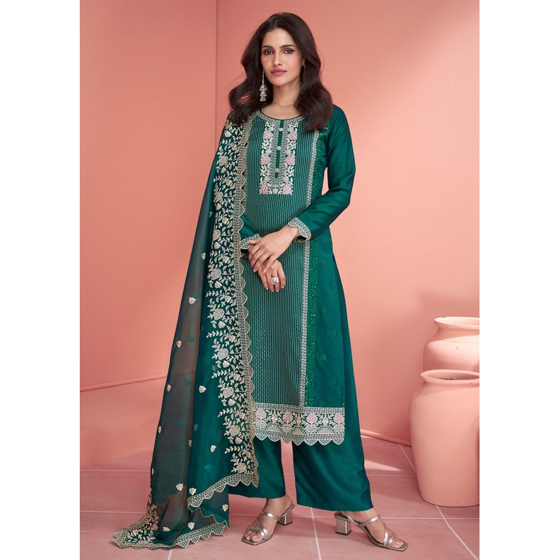 Festive Teal Green Embroidered Premium Silk Palazzo Suit