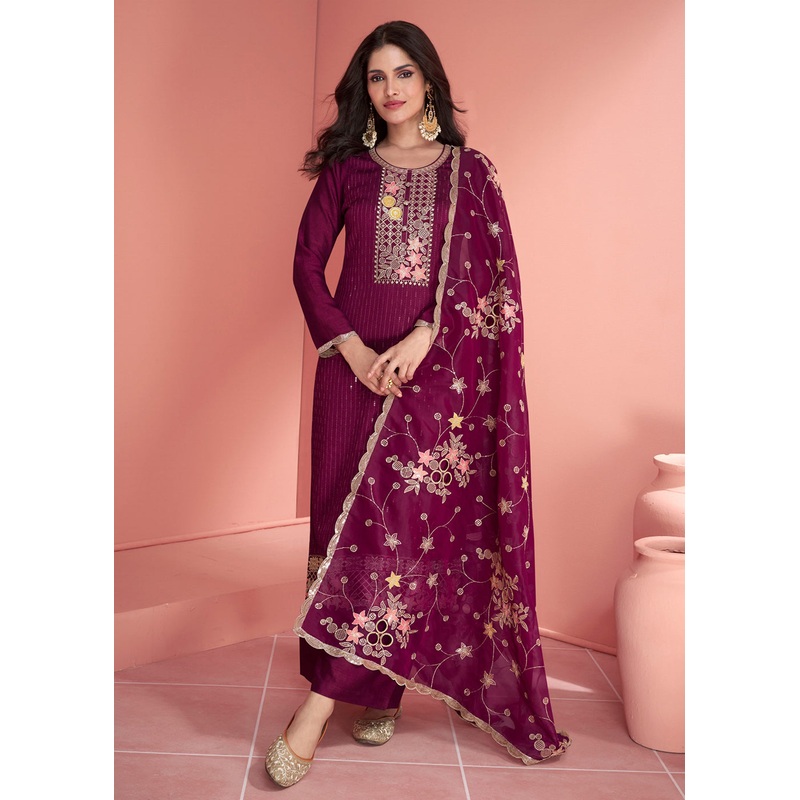Festive Wine Embroidered Premium Silk Palazzo Suit