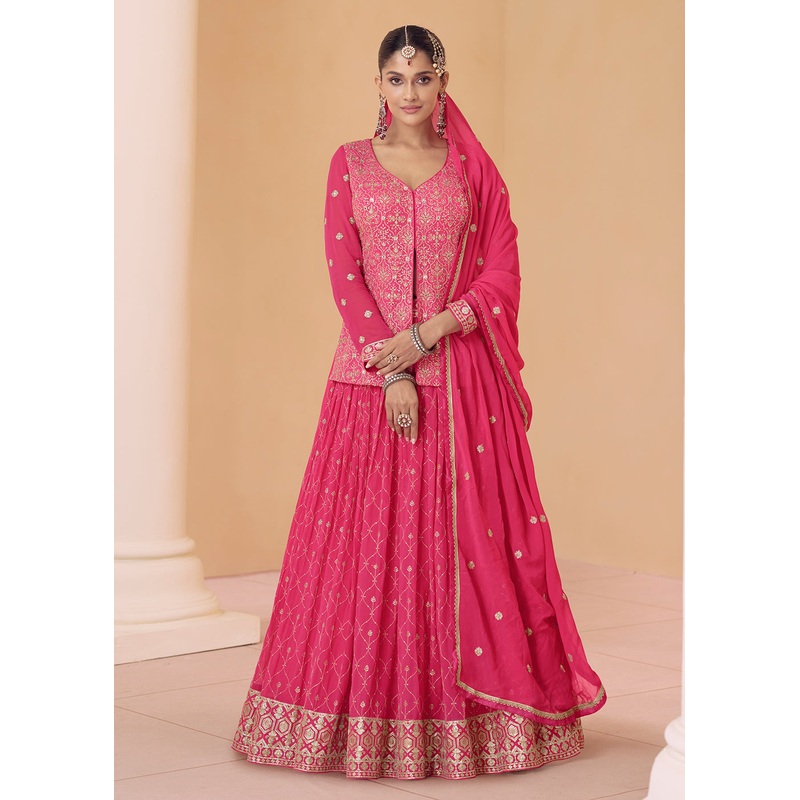 Fuchsia Pink Embroidered Georgette Designer Lehenga Kurta