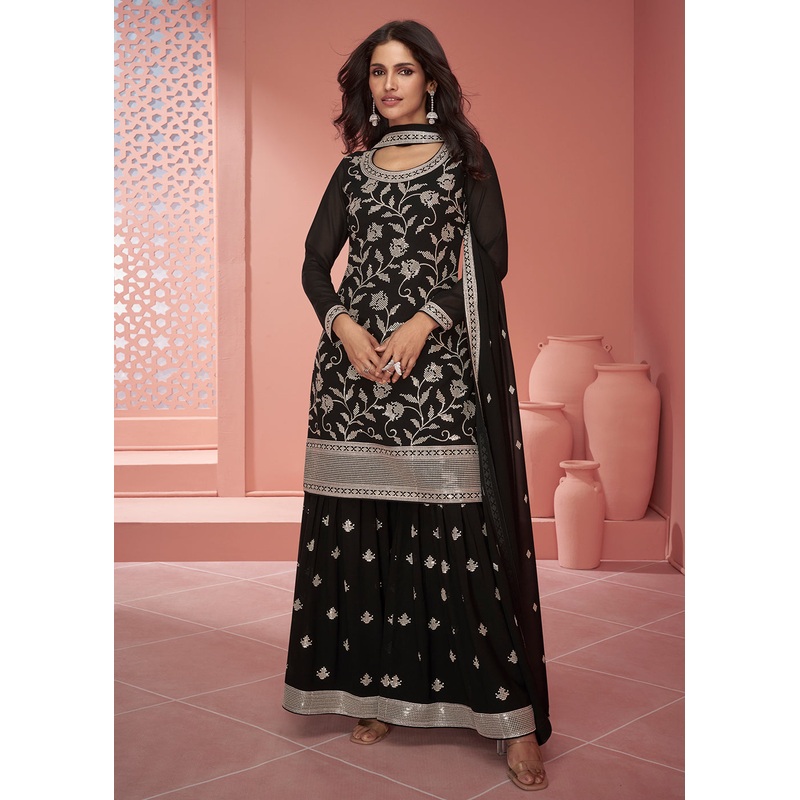 Georgette Attractive Black Embroidered Palazzo Suit