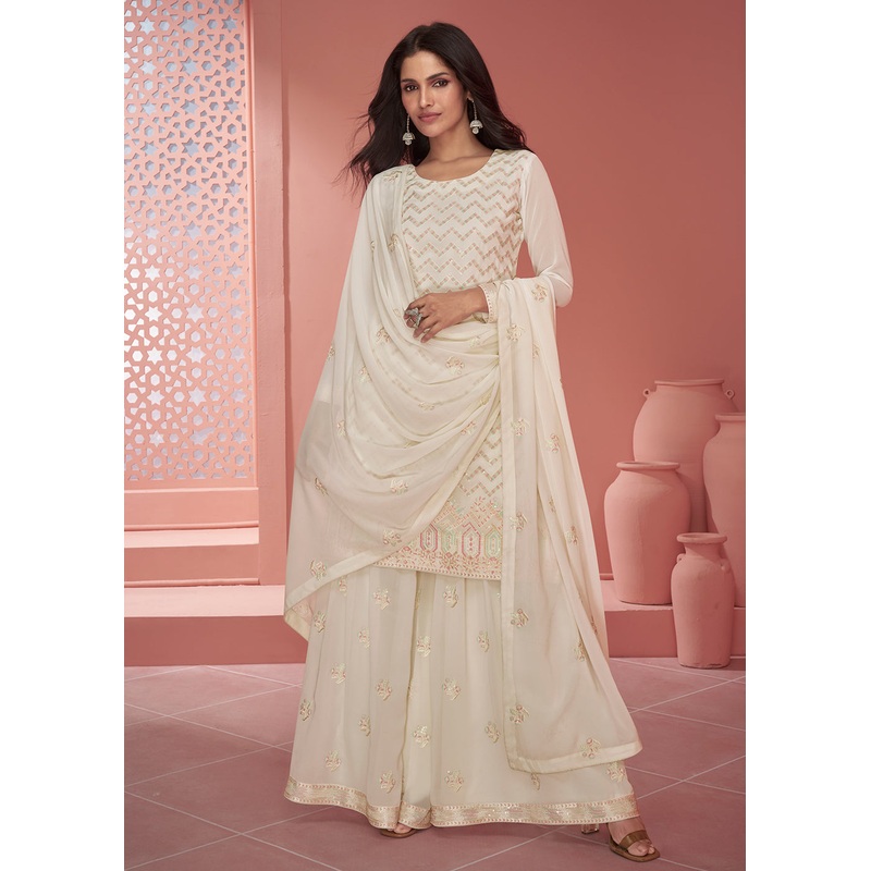 Georgette Attractive Off White Embroidered Palazzo Suit