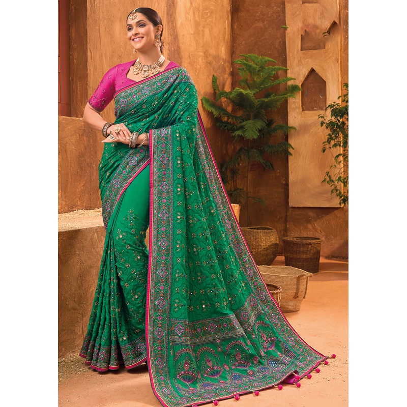 Green Hand Work Embroidered Traditional Banarasi Silk Saree
