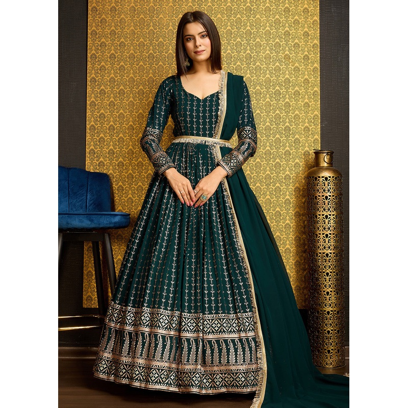 Green Metalic Foil Work Embroidered Wedding Wear Gown