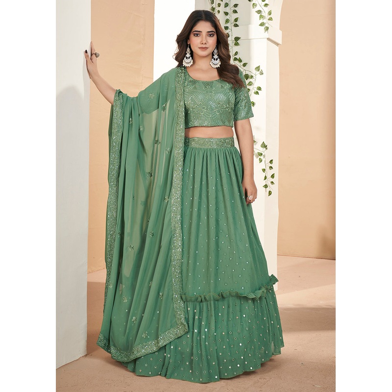 Green Thread & Sequins Wedding Party Lehenga Choli