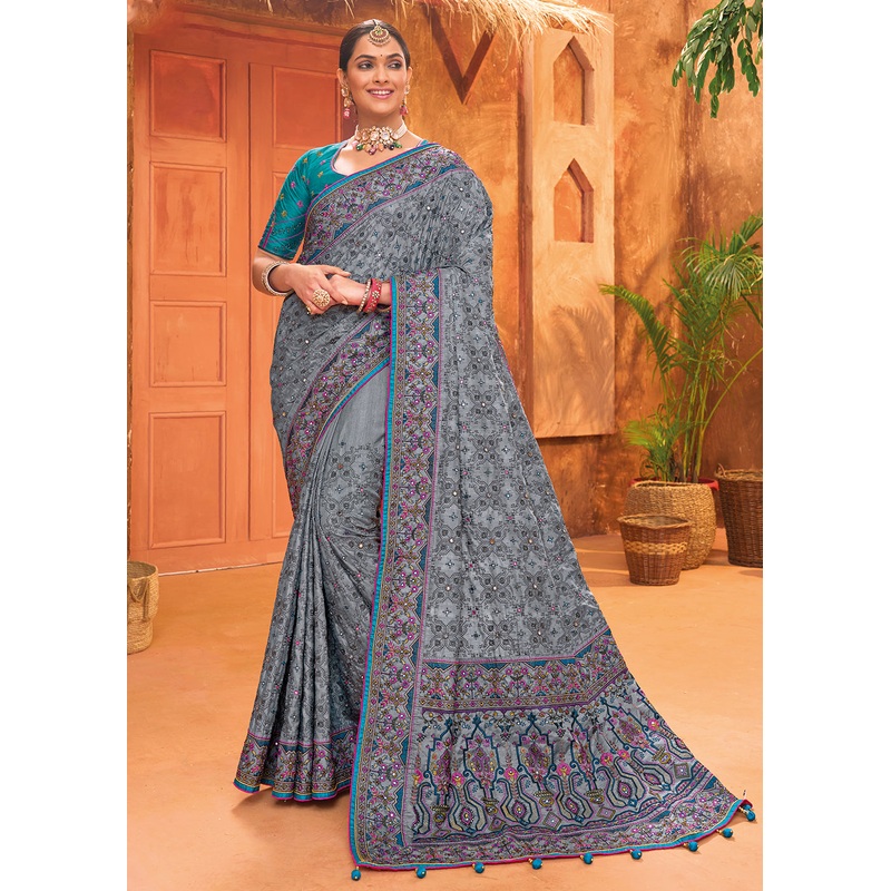 Grey Hand Work Embroidered Traditional Banarasi Silk Saree