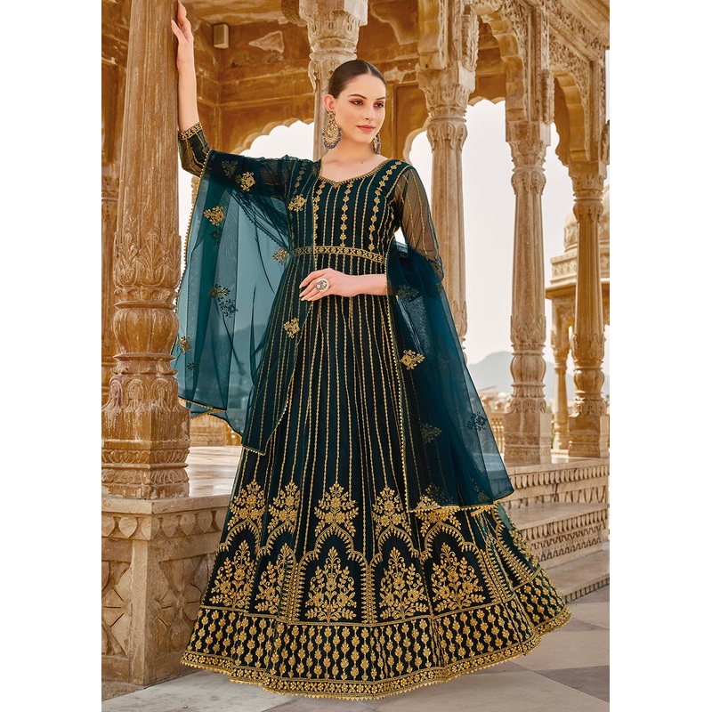 Heavy Stone Embroidered Peacock Blue Designer Anarkali Suit