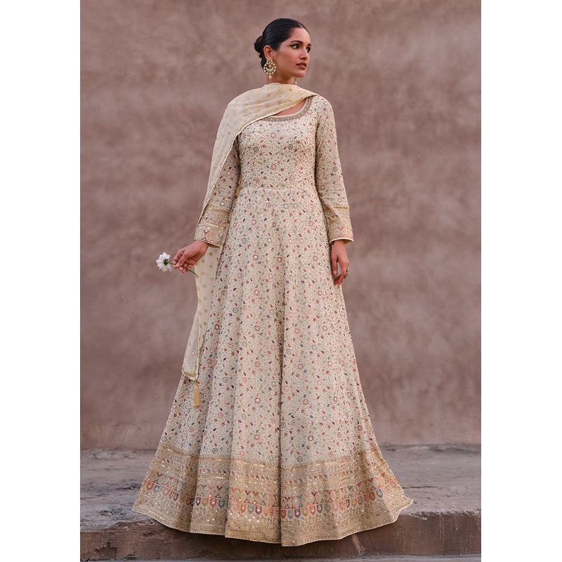Lovely Ivory Heavy Georgette Floor Length Anarkali Gown