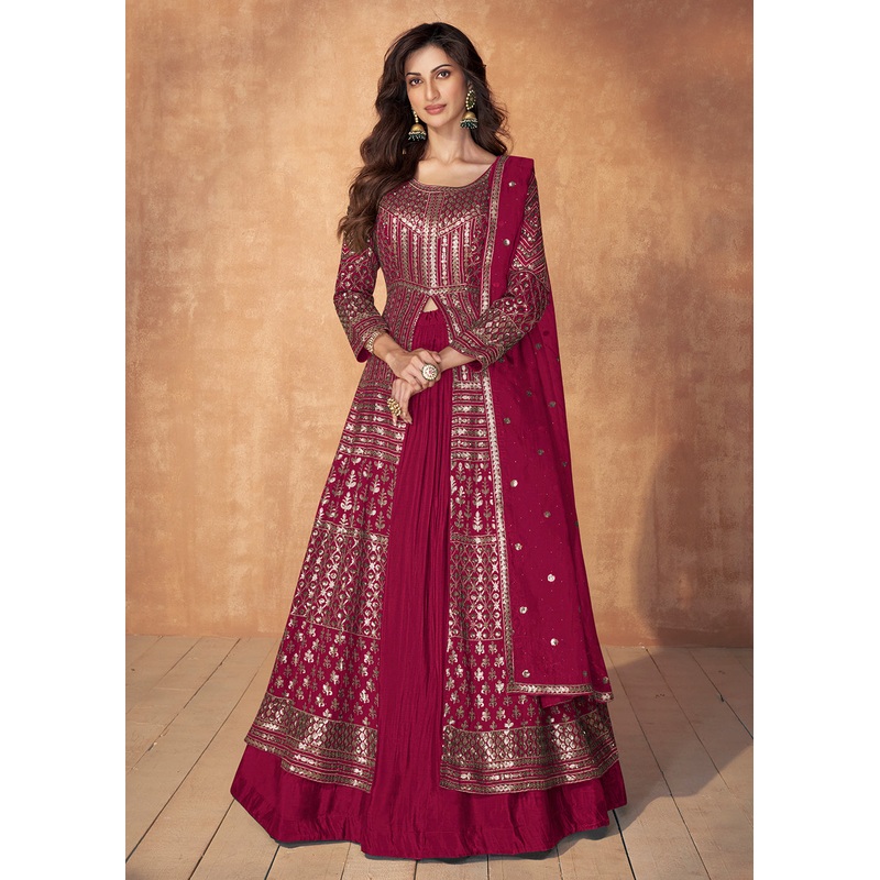 Magenta Pink Skirt Style Embroidered Wedding Anarkali Suit