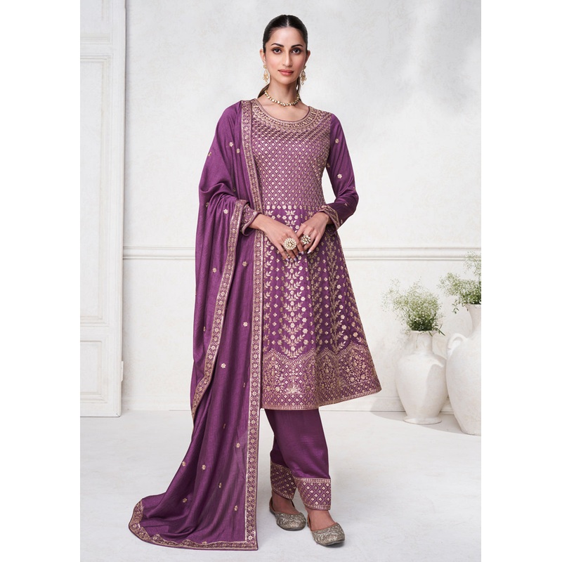 Magenta Purple Punjabi Style Silk Embroidered Salwar Suit