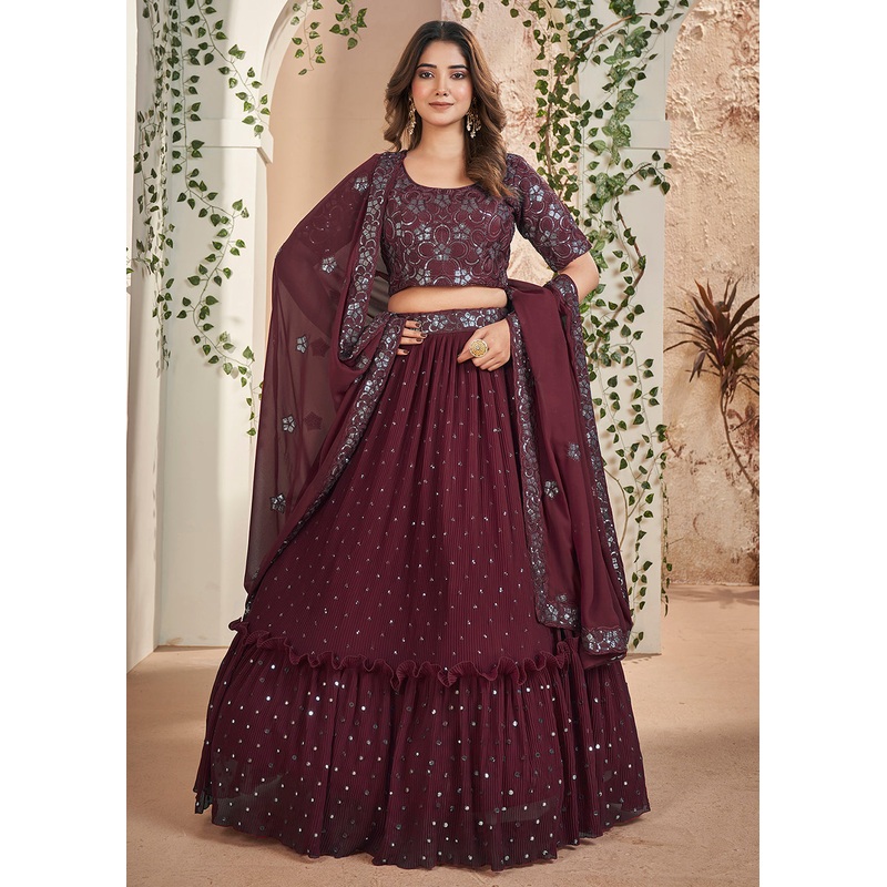 Maroon Thread & Sequins Wedding Party Lehenga Choli