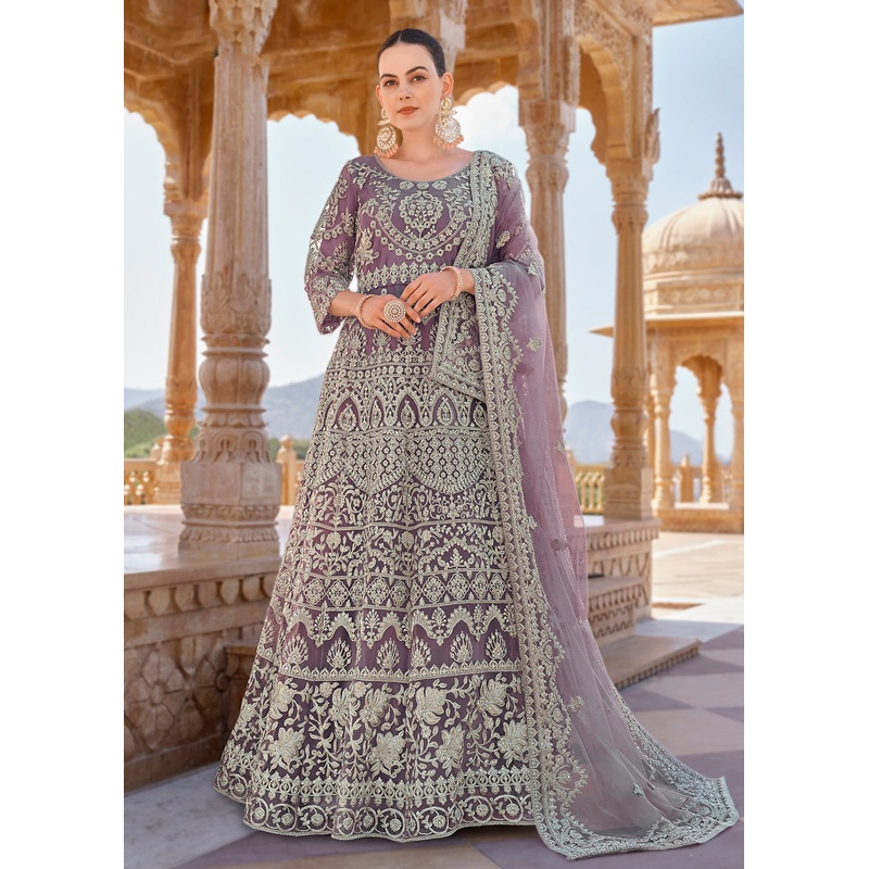 Mauve Front & Back Stone Embroidered Wedding Anarkali Suit