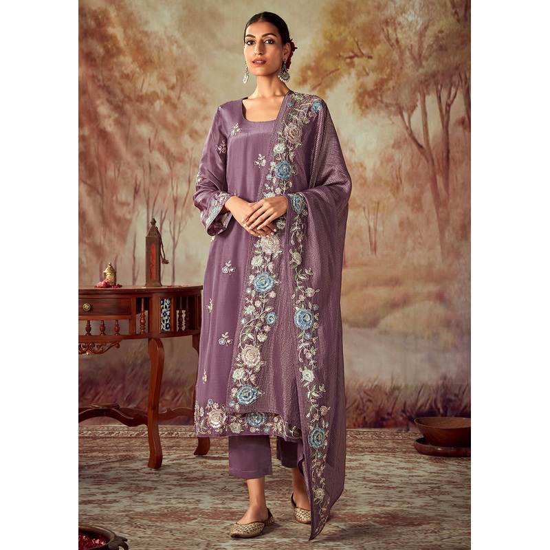 Mauve Purple Russian Silk Embroidered Pant Style Salwar Kurta