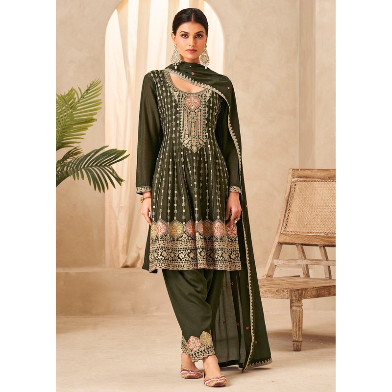 Mehndi Green Heavy Chinnon Wedding Festive Salwar Suit
