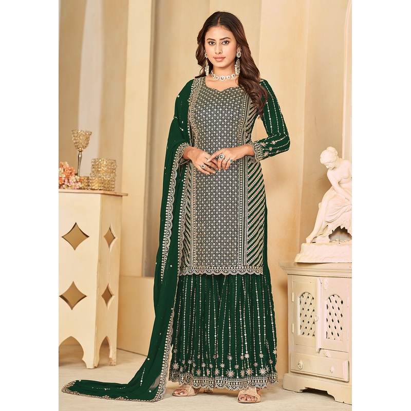 Mesmeric Green Faux Georgette Palazzo Suit with Embroidery