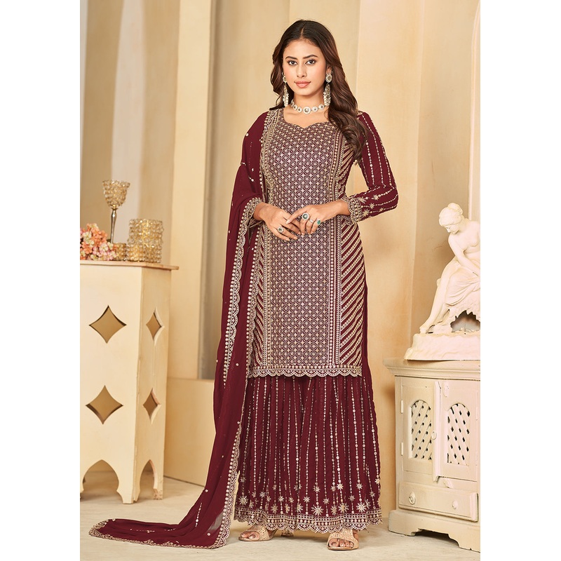 Mesmeric Maroon Faux Georgette Palazzo Suit with Embroidery