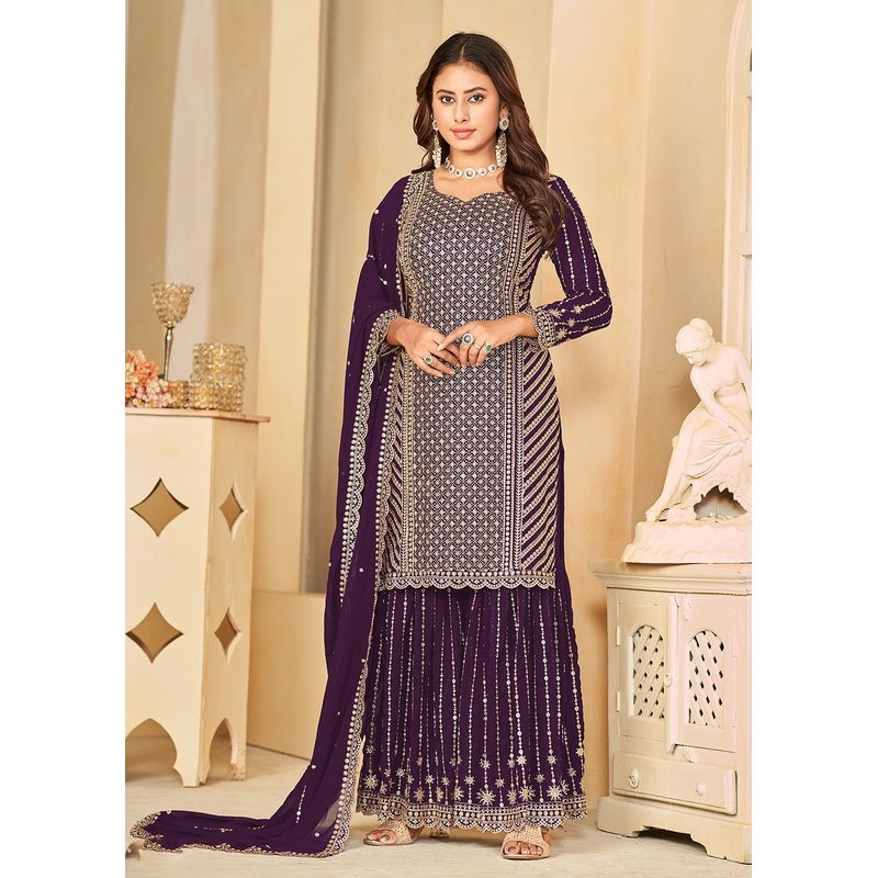 Mesmeric Purple Faux Georgette Palazzo Suit with Embroidery