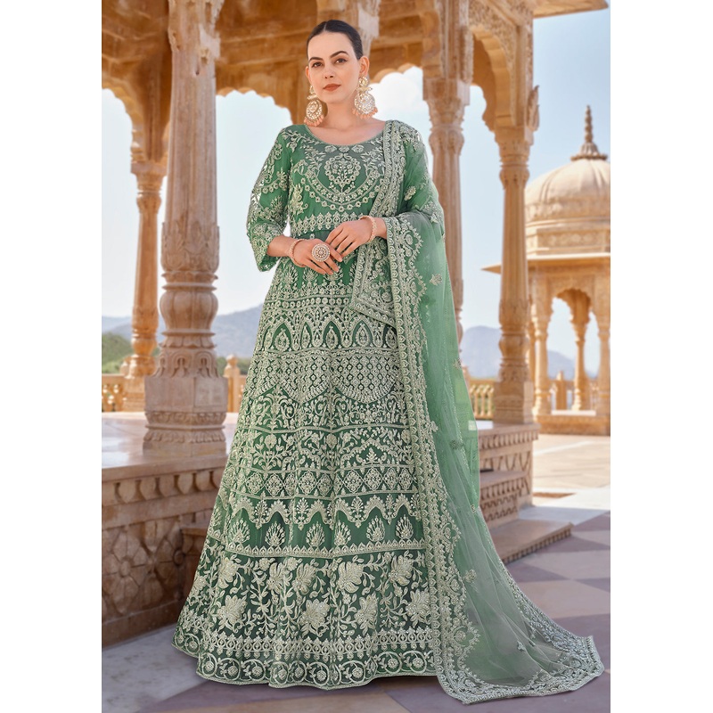 Mint Green Front & Back Stone Embroidered Wedding Anarkali Suit