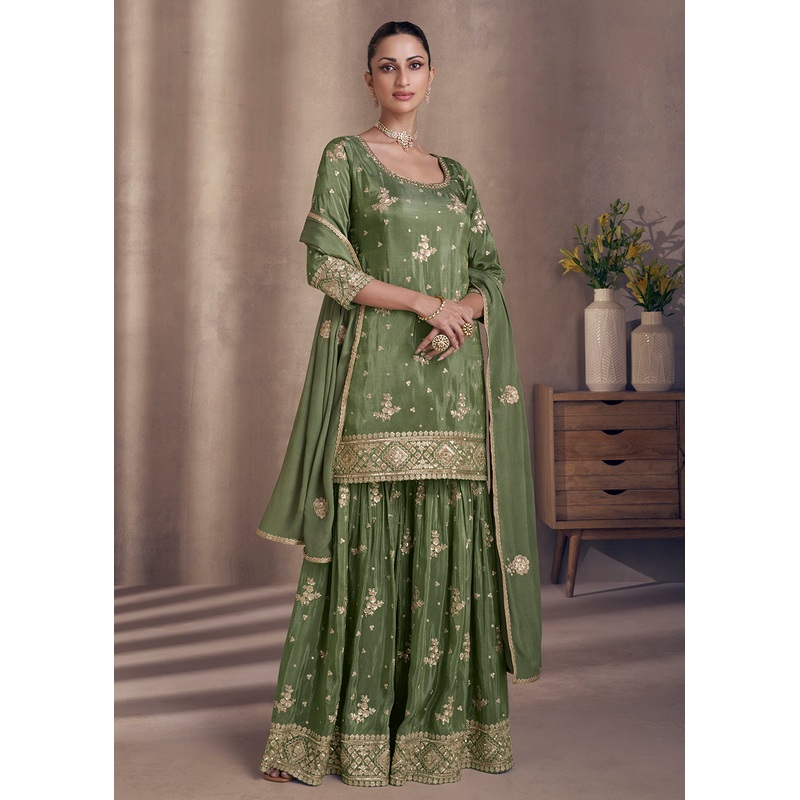 Moss Green Embroidered Chinnon Silk Designer Sharara Suit