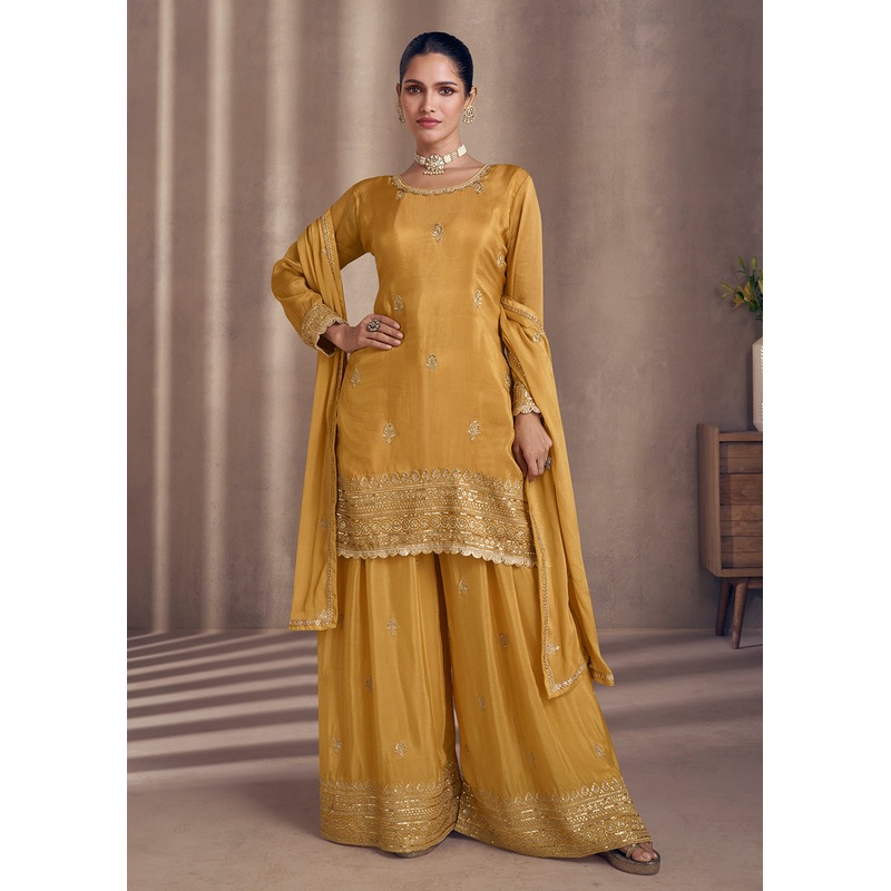Mustard Embroidered Chinnon Silk Designer Sharara Suit