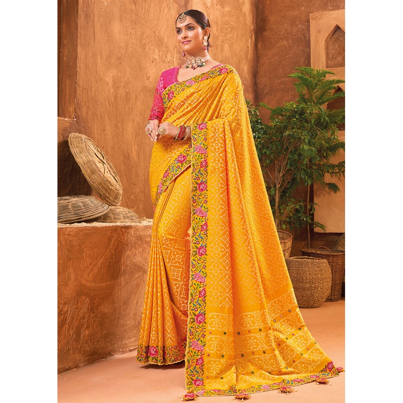 Mustard Hand Work Embroidered Traditional Banarasi Silk Saree