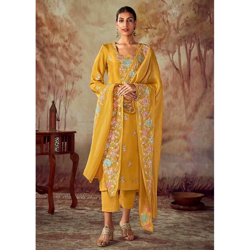 Mustard Russian Silk Embroidered Pant Style Salwar Kurta