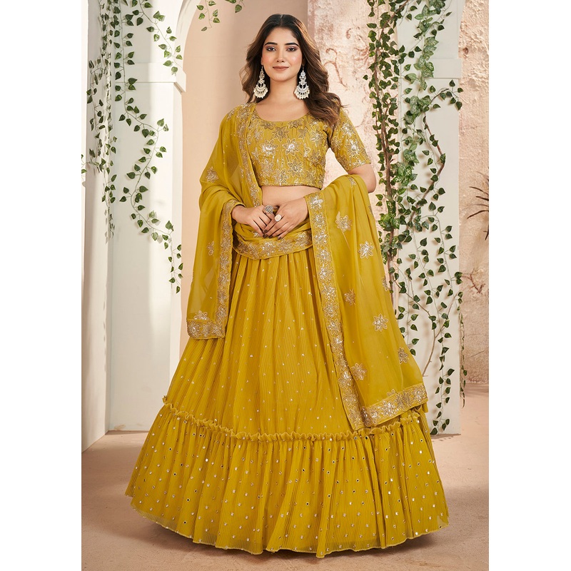 Mustard Thread & Sequins Wedding Party Lehenga Choli