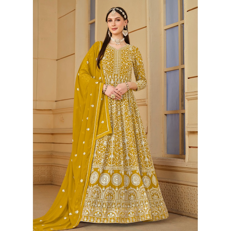Mustard Yellow Thread & Sequins Georgette Anarkali Suit