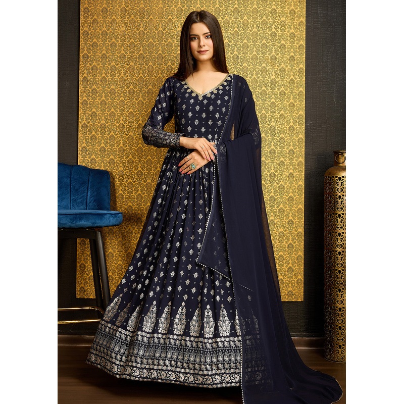 Navy Blue Metalic Foil Work Embroidered Wedding Wear Gown