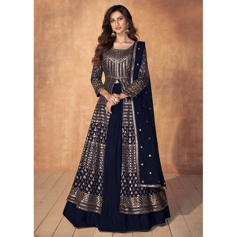 Navy Blue Skirt Style Embroidered Wedding Anarkali Suit