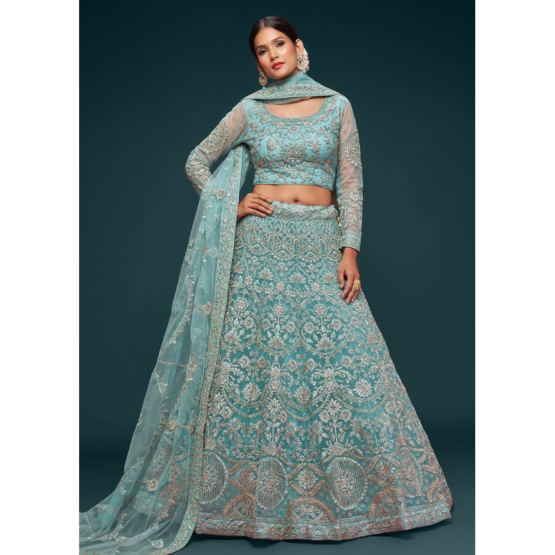 Ocean Aqua Embroidered Soft Net Wedding Lehenga Choli