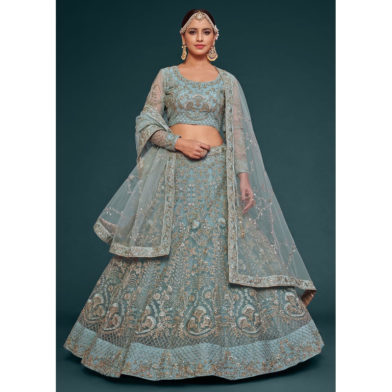 Ocean Blue Embroidered Soft Net Wedding Lehenga Choli
