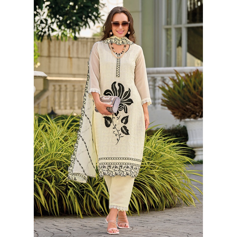 Off White Heavy Organza GPU Lace Work Pant Style Salwar Suit
