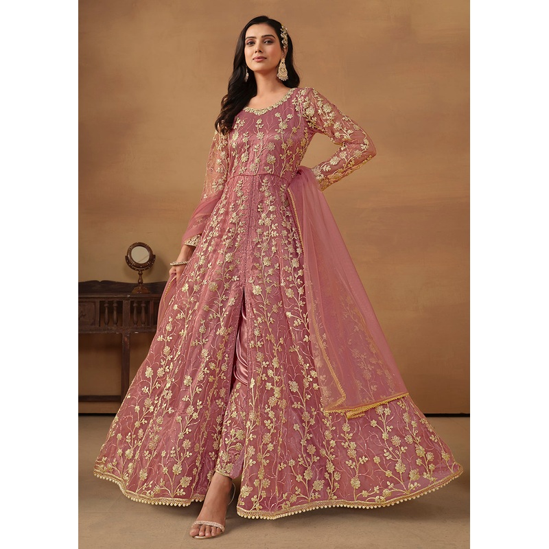 Pant Style Coral Pink Embroidered Net Wedding Anarkali Suit