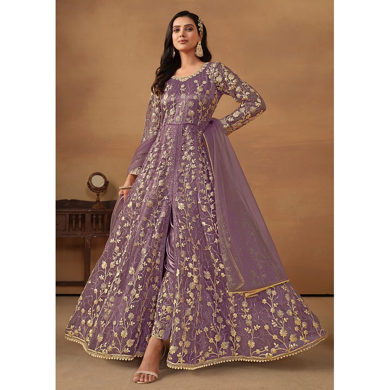 Pant Style Purple Embroidered Net Wedding Anarkali Suit