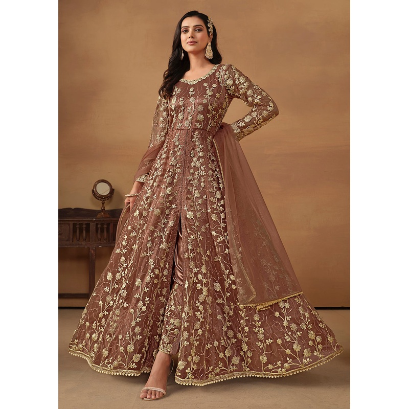 Pant Style Snuff Brown Embroidered Net Wedding Anarkali Suit