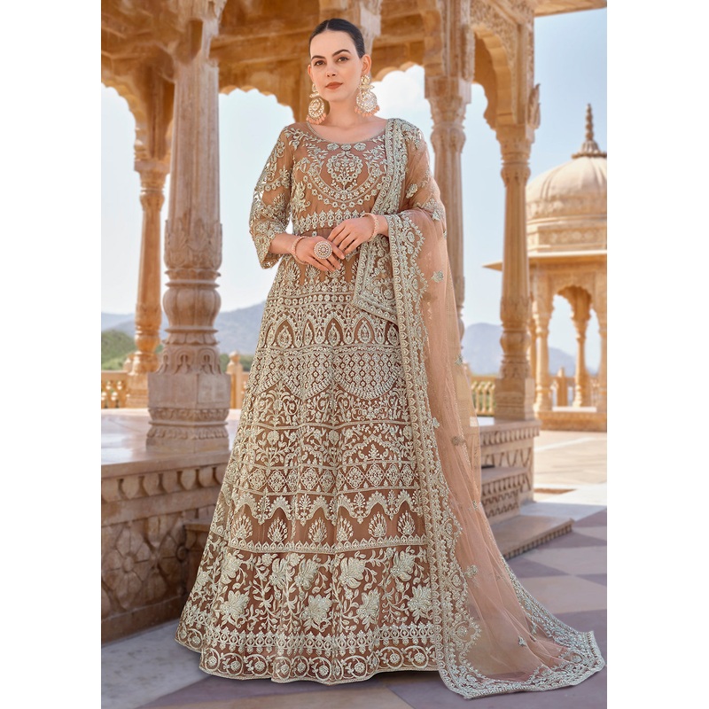 Peach Front & Back Stone Embroidered Wedding Anarkali Suit