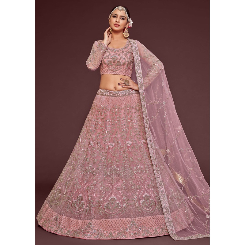 Pearl Pink Embroidered Soft Net Wedding Lehenga Choli